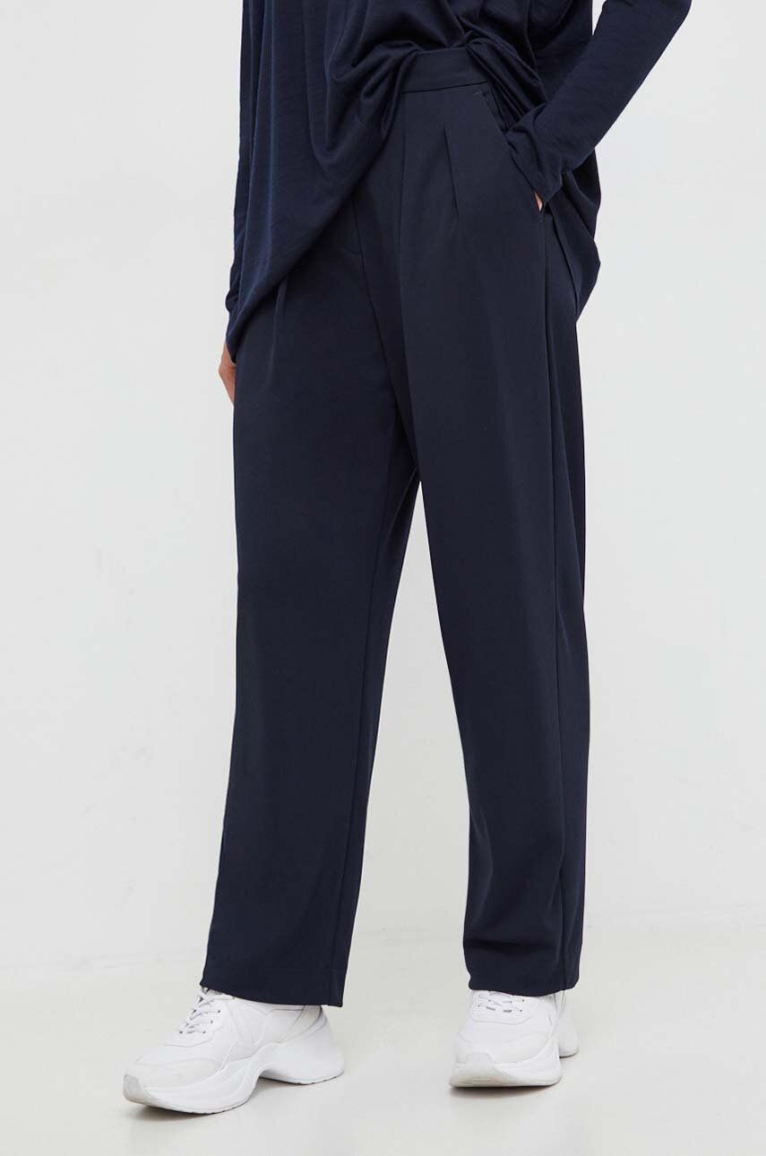 Kalhoty Max Mara Leisure dámské, tmavomodrá barva, jednoduché, high waist - námořnická modř - 56 % T