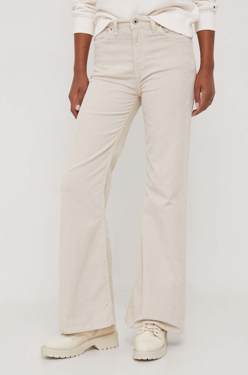 Pepe Jeans pantaloni de catifea cord culoarea bej, evazati, high waist