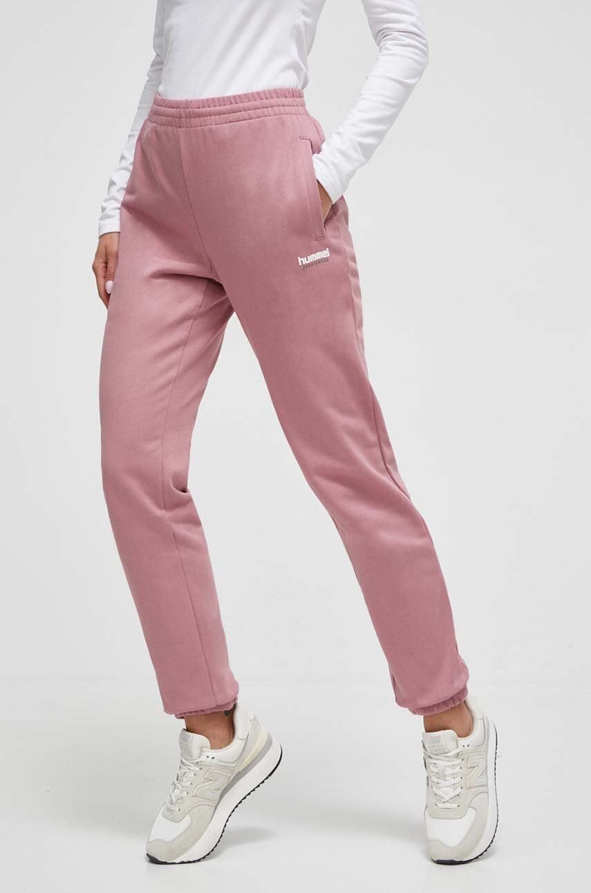 Hummel pantaloni de trening din bumbac culoarea roz, neted