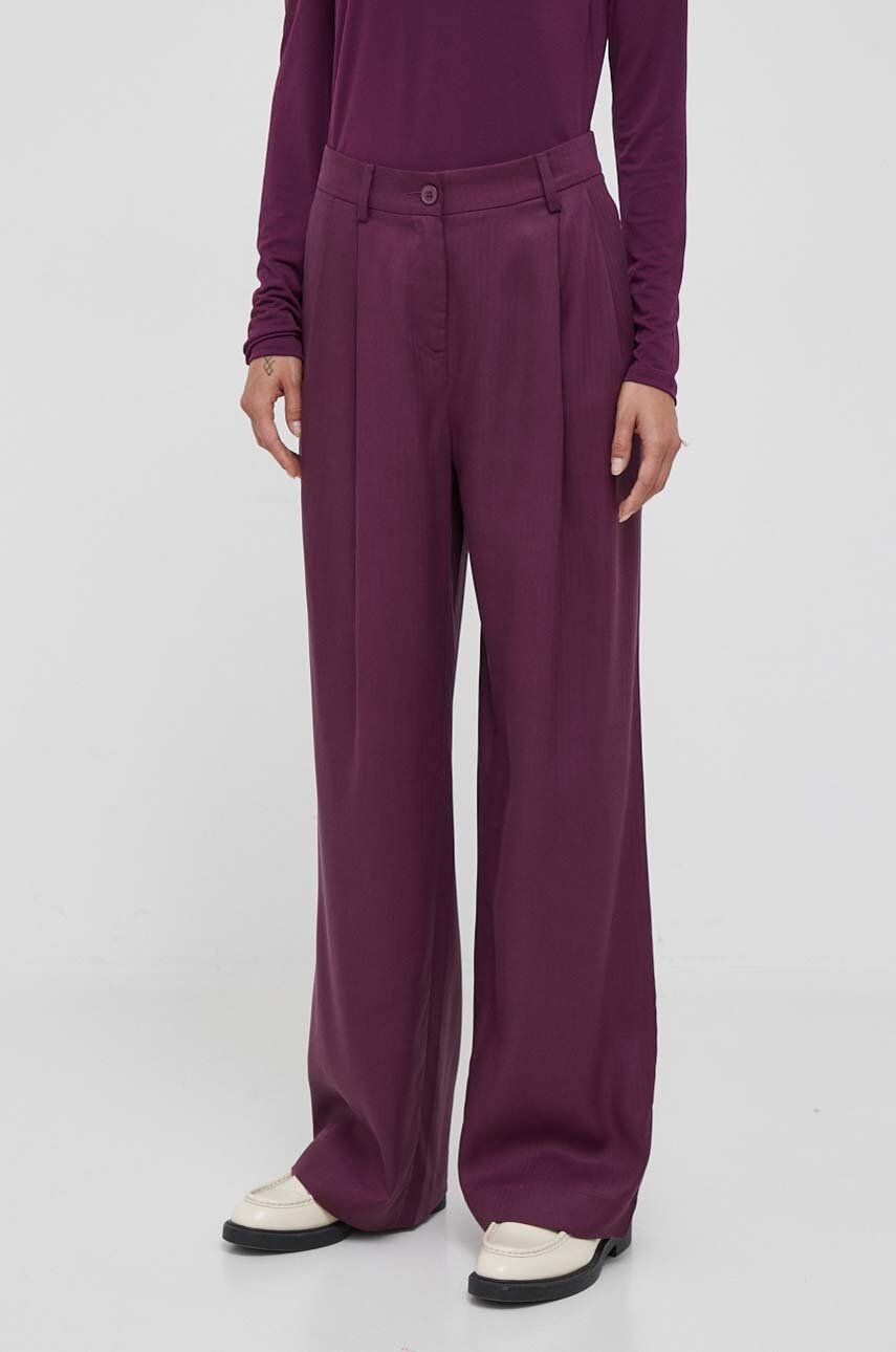 Kalhoty Sisley dámské, fialová barva, široké, high waist - fialová - 100 % Lyocell