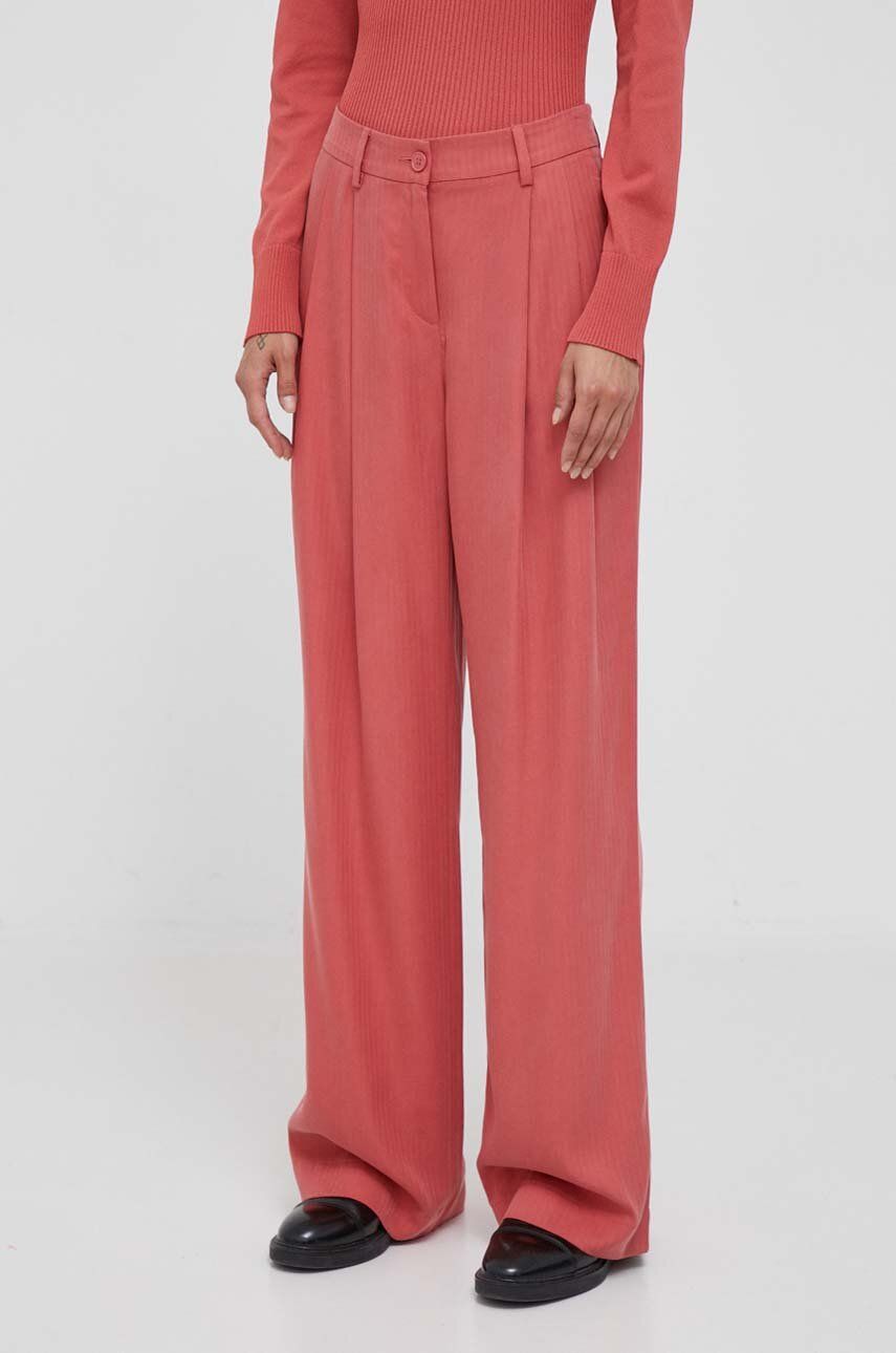 Kalhoty Sisley dámské, růžová barva, široké, high waist - růžová - 100 % Lyocell