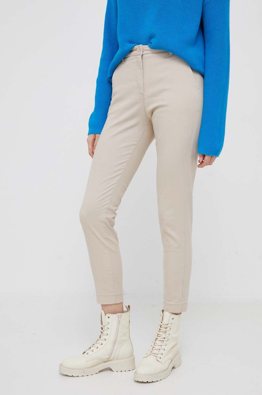 Kalhoty Sisley dámské, béžová barva, přiléhavé, high waist - béžová - 98 % Bavlna