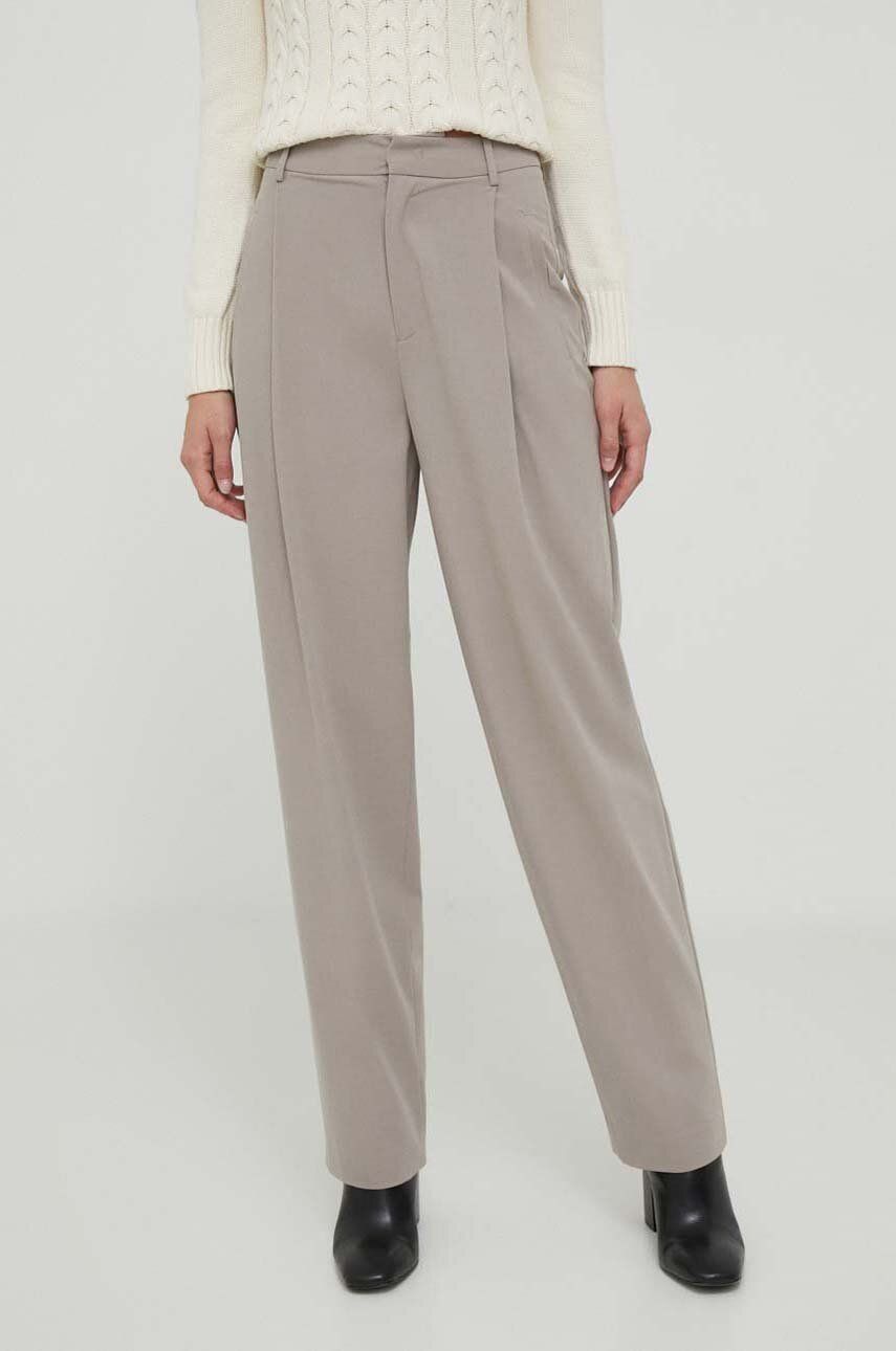 Kalhoty s příměsí vlny Sisley béžová barva, jednoduché, high waist - béžová - 66 % Polyester