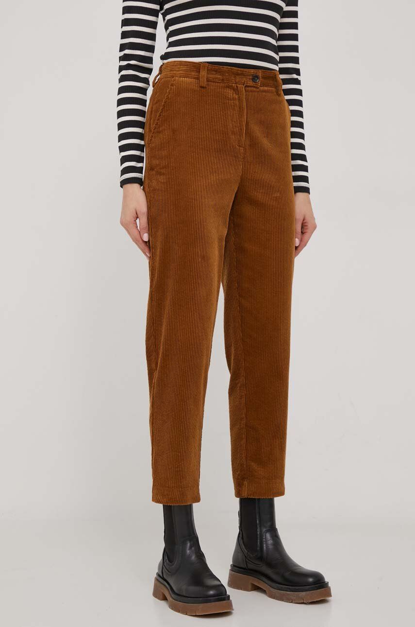 Sisley pantaloni de catifea cord culoarea maro, drept, high waist