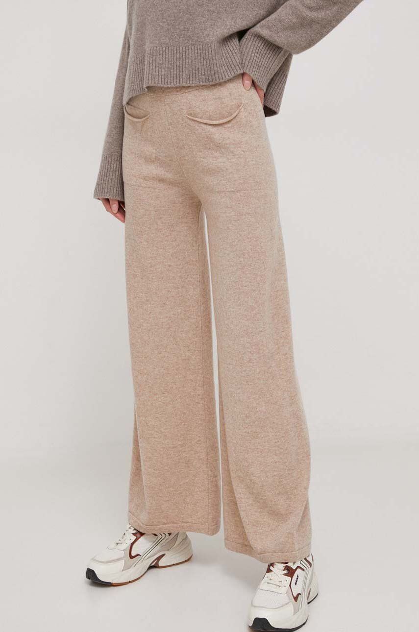 Sisley pantaloni de lana culoarea bej, lat, high waist