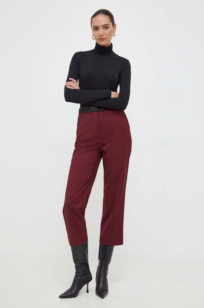 Vlněné kalhoty BOSS vínová barva, jednoduché, high waist