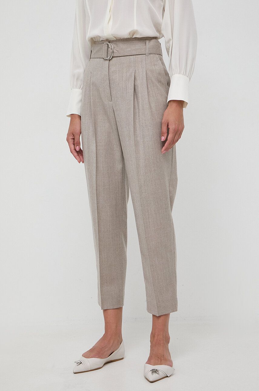 Vlněné kalhoty BOSS béžová barva, jednoduché, high waist - béžová - Hlavní materiál: 99 % Virgin vln
