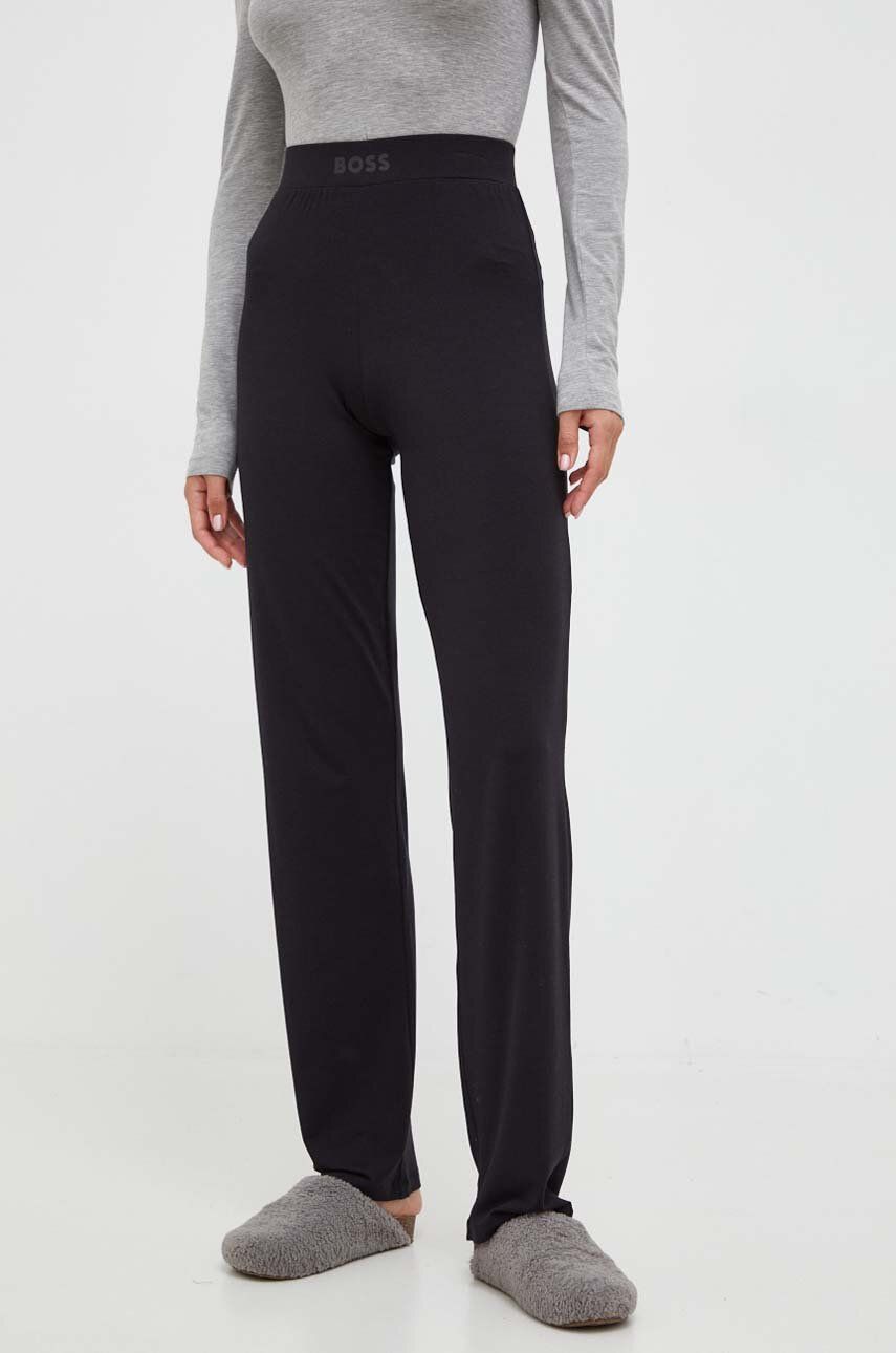 Kalhoty BOSS černá barva, high waist - černá - 48 % Bavlna
