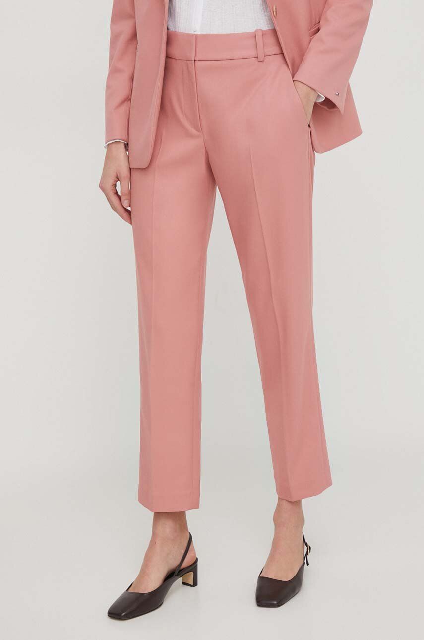 Levně Kalhoty Tommy Hilfiger dámské, růžová barva, jednoduché, high waist, WW0WW39723