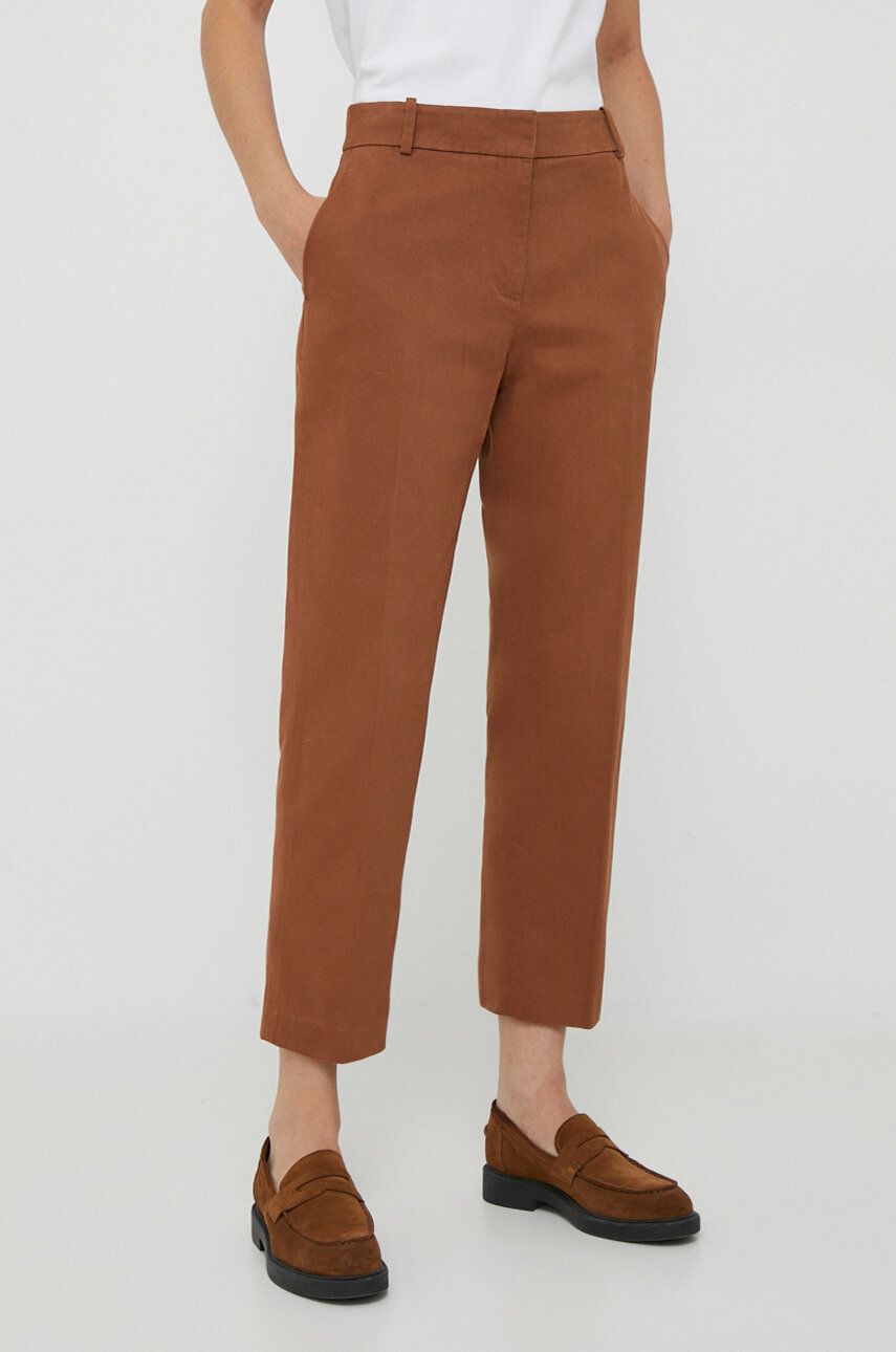 Kalhoty Tommy Hilfiger dámské, hnědá barva, jednoduché, high waist - hnědá - 100 % Bavlna