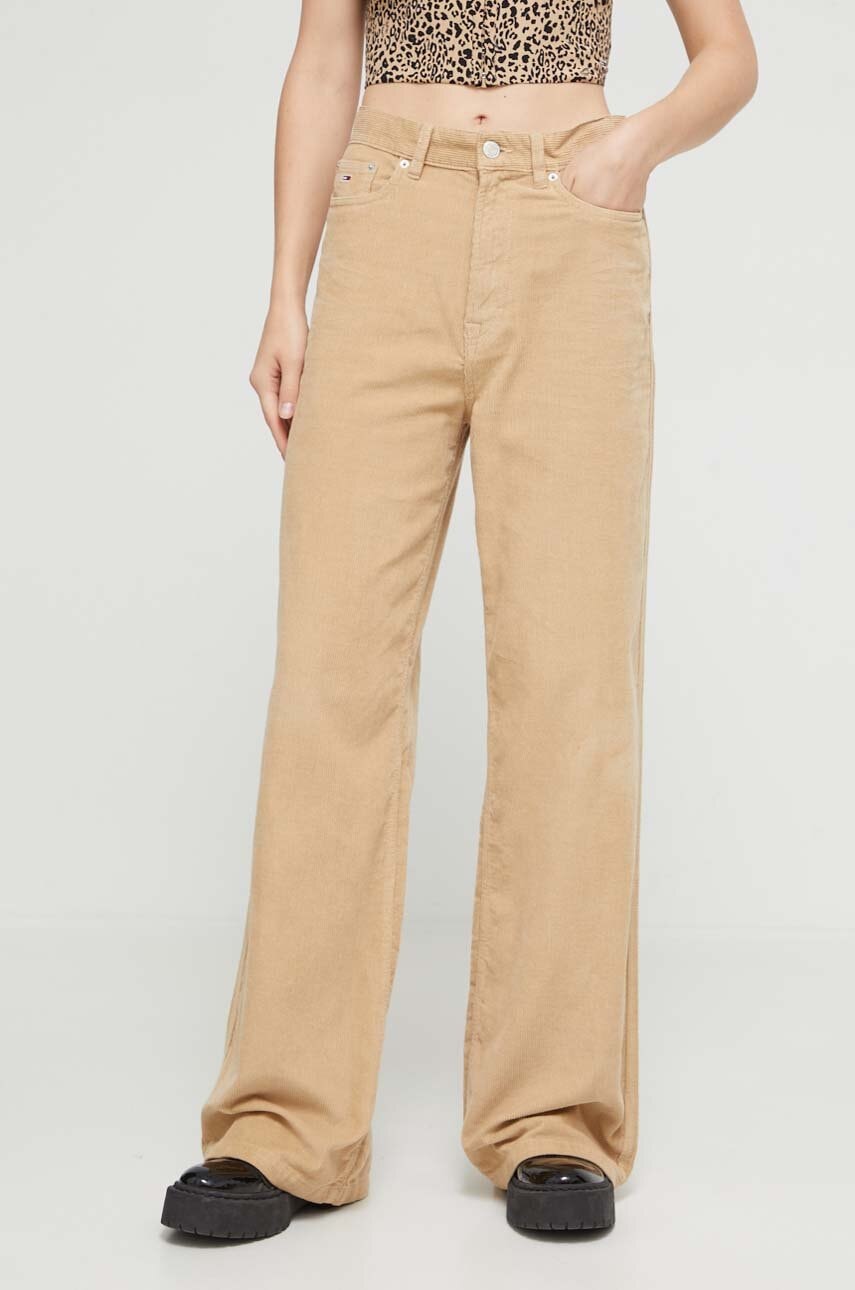 Tommy Jeans pantaloni de catifea cord culoarea bej, lat, high waist