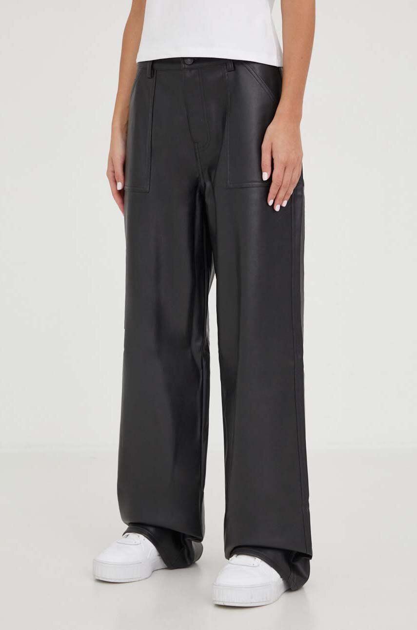 Tommy Jeans pantaloni femei, culoarea negru, lat, high waist