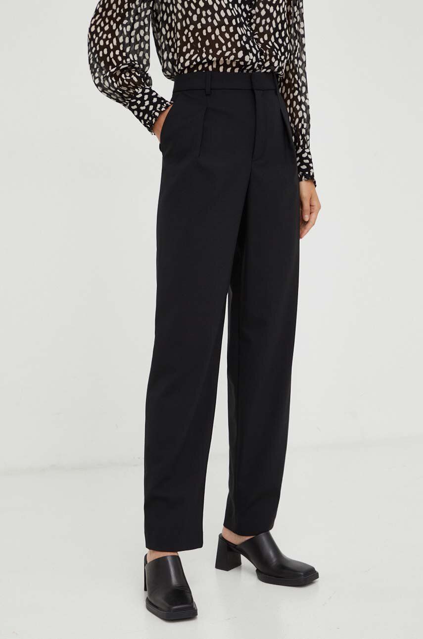 Kalhoty s příměsí vlny BA&SH černá barva, jednoduché, high waist - černá - 52 % Polyester