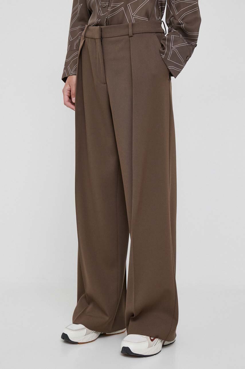 Levně Kalhoty s příměsí vlny Calvin Klein hnědá barva, široké, high waist
