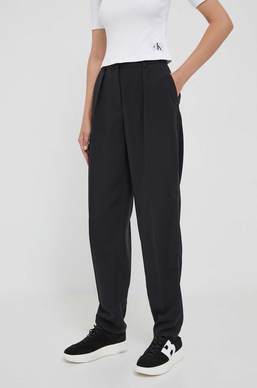 Levně Kalhoty Calvin Klein dámské, černá barva, jednoduché, high waist