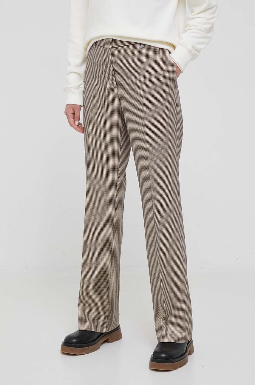 Kalhoty Dkny dámské, béžová barva, jednoduché, high waist - béžová - 98 % Polyester