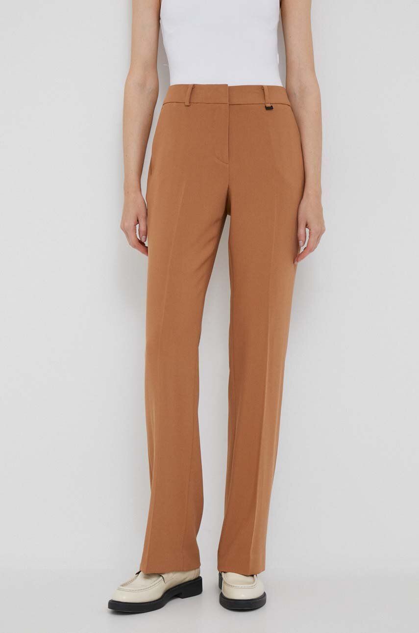 Kalhoty Dkny dámské, hnědá barva, jednoduché, high waist - hnědá - Hlavní materiál: 70 % Polyester