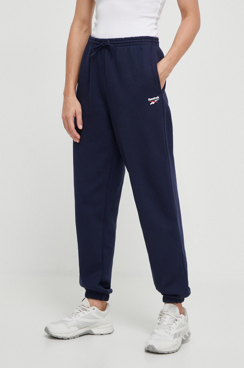 Reebok Pantaloni Femei, Culoarea Albastru Marin, Neted