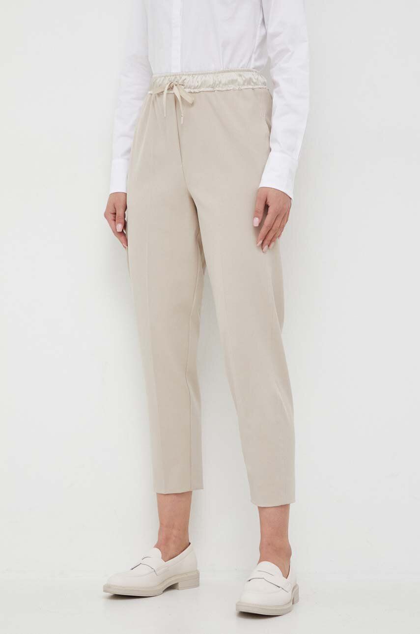 Kalhoty Marella Milva dámské, béžová barva, high waist - béžová - 67 % Polyester