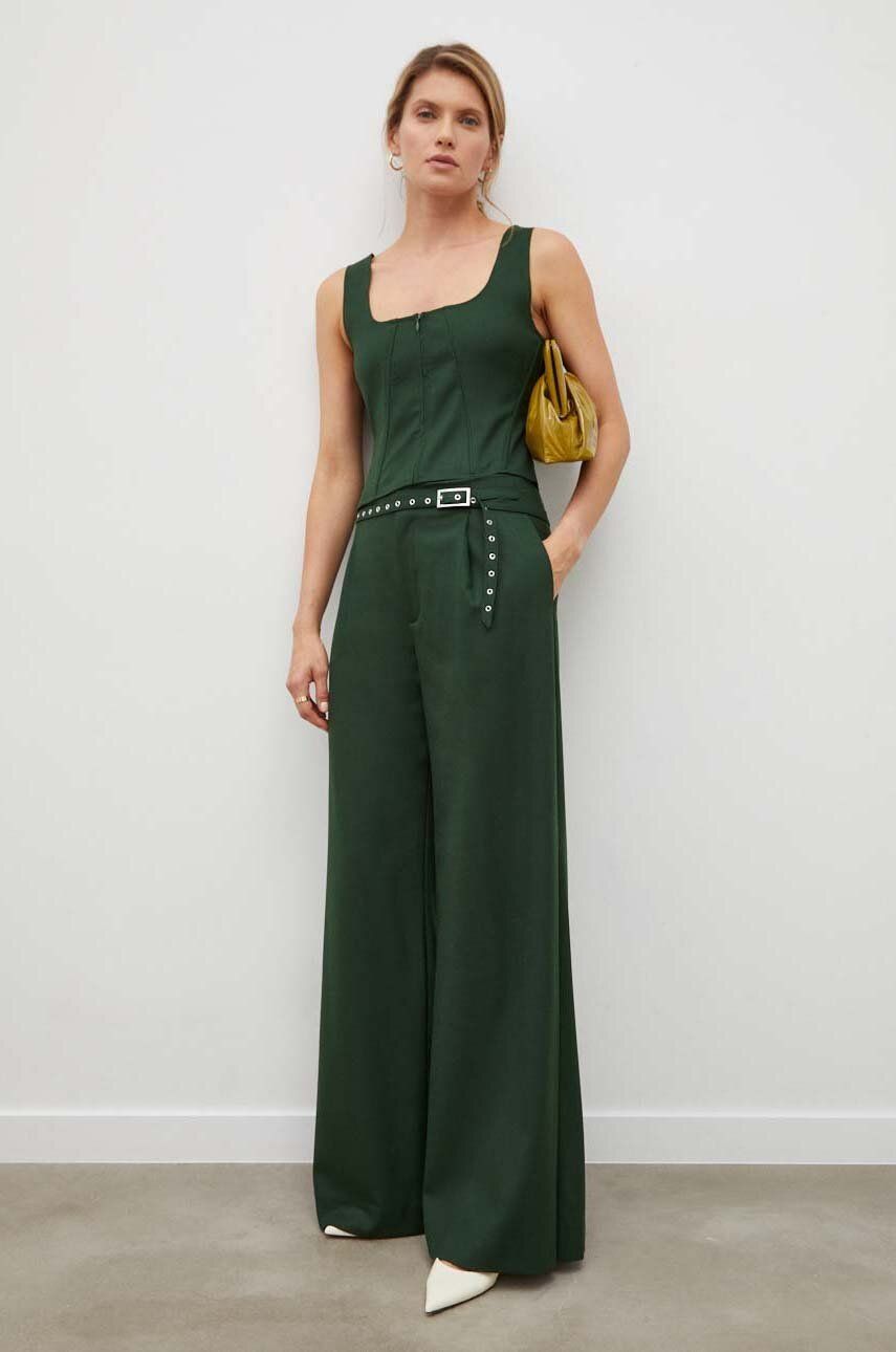 Kalhoty Gestuz Fenaya dámské, zelená barva, široké, high waist - zelená - 54 % Polyester