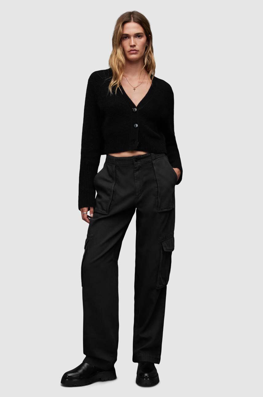 Bavlněné kalhoty AllSaints FRIEDA STRAIGHT dámské, černá barva, kapsáče, medium waist - černá - 100 
