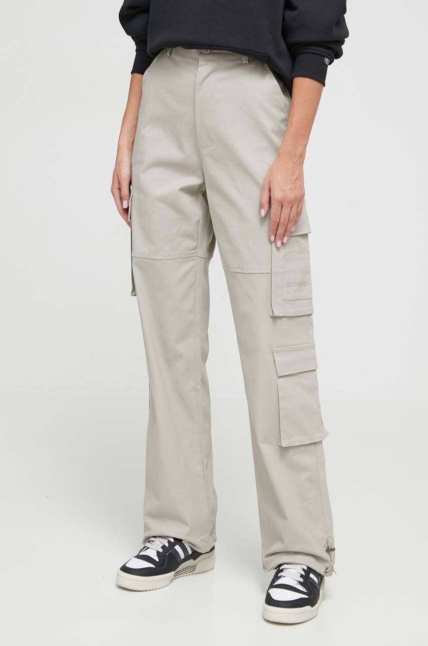 Kalhoty Sixth June dámské, béžová barva, kapsáče, high waist - béžová - 97 % Bavlna