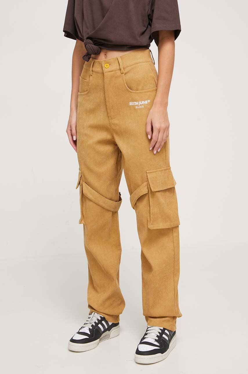 Sixth June Pantaloni De Catifea Cord Culoarea Bej, Drept, High Waist