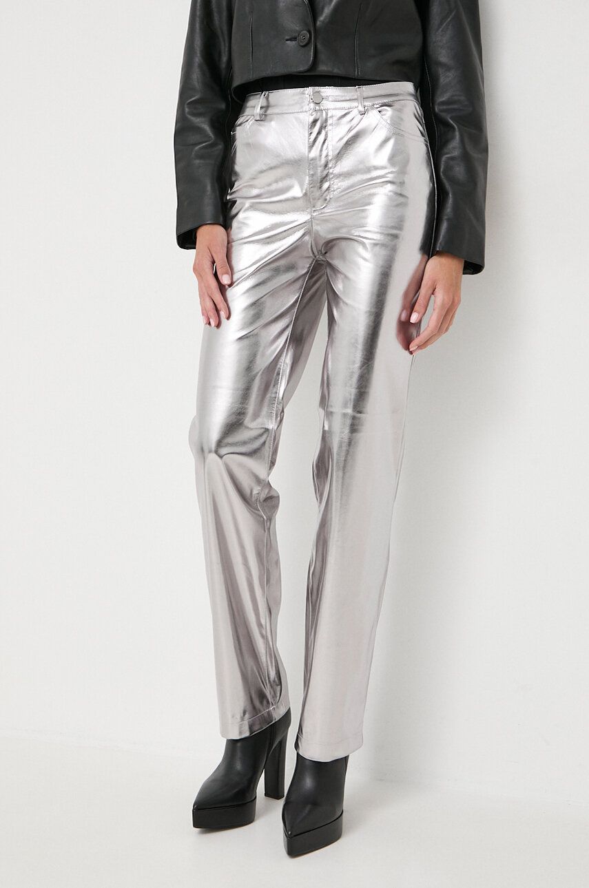 Levně Kalhoty Guess AMBRA dámské, stříbrná barva, jednoduché, high waist, W4RB33 WFWP0