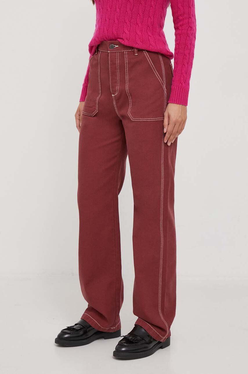 Levně Bavlněné kalhoty United Colors of Benetton vínová barva, jednoduché, high waist