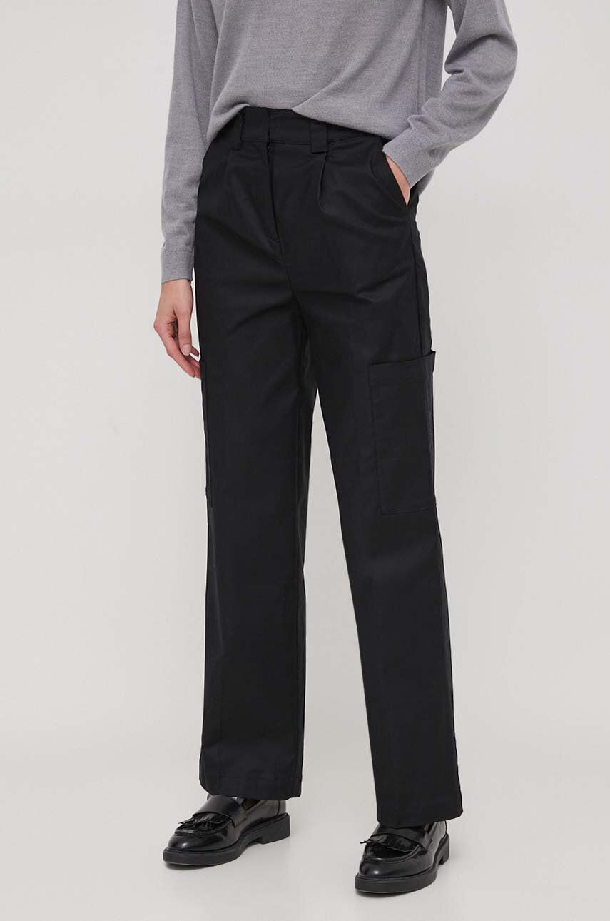 Kalhoty United Colors of Benetton dámské, černá barva, kapsáče, high waist - černá - 98 % Bavlna