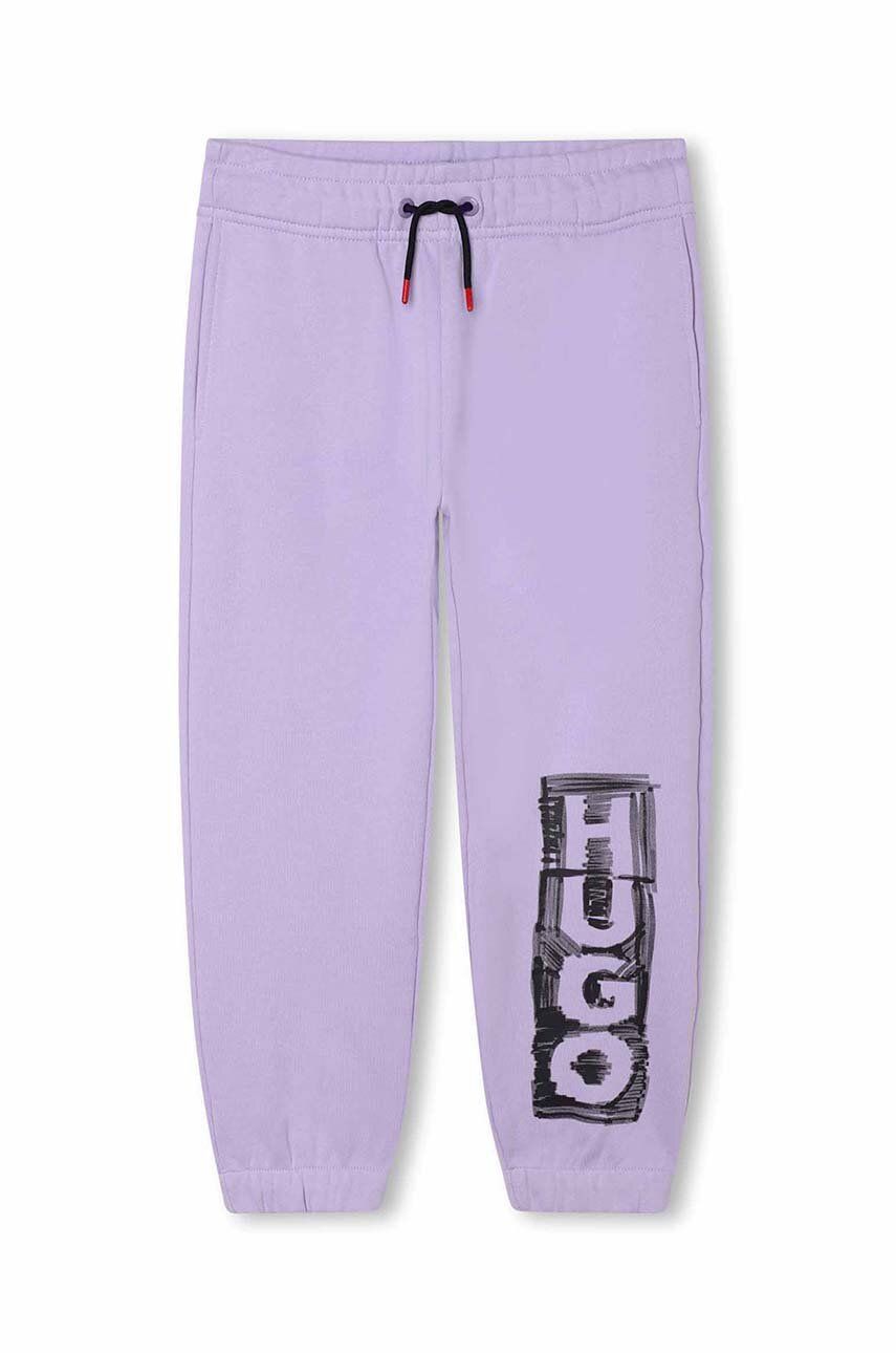 HUGO pantaloni de trening din bumbac pentru copii culoarea violet, cu imprimeu