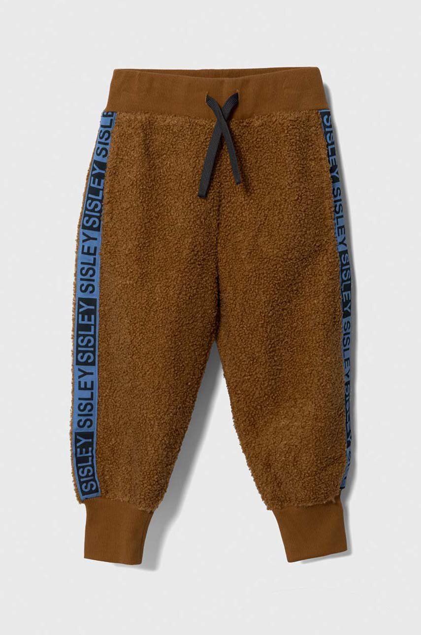 Sisley pantaloni de trening pentru copii culoarea maro, cu imprimeu