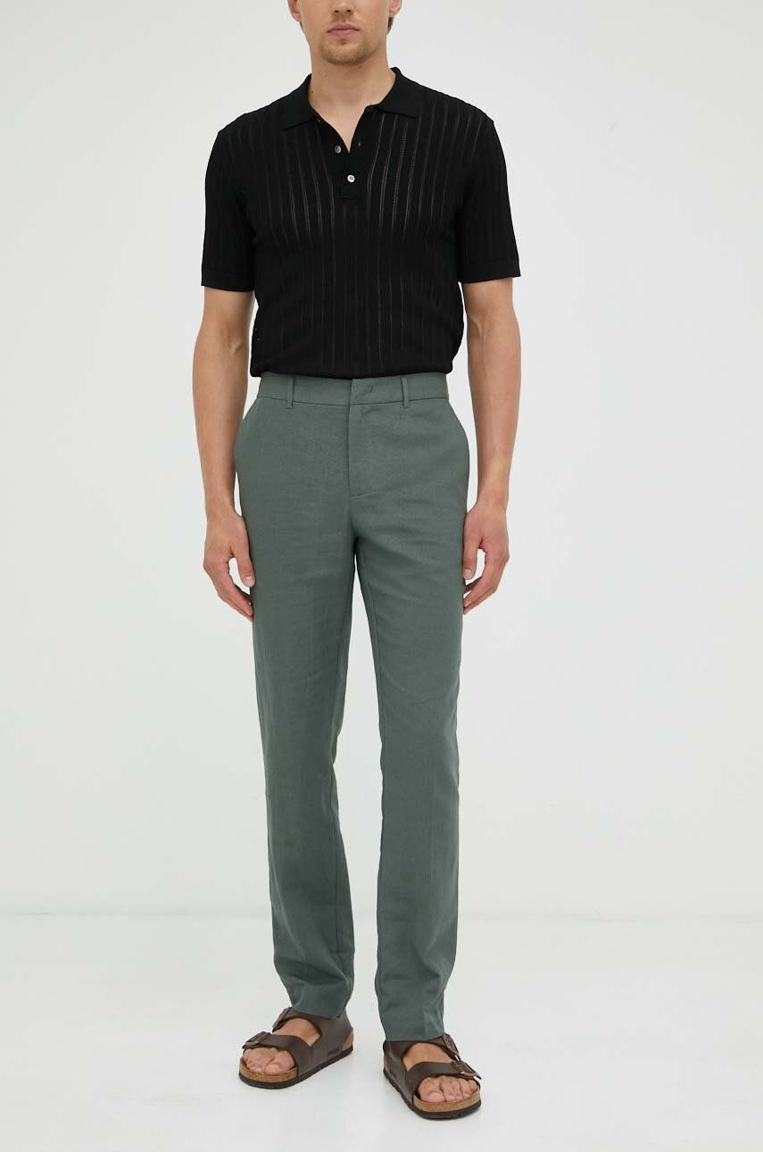 Plátěné kalhoty Bruuns Bazaar zelená barva, jednoduché - zelená -  55 % Len