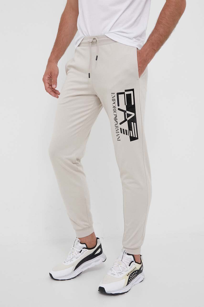 Ea7 Emporio Armani Pantaloni De Trening Din Bumbac Culoarea Bej, Cu Imprimeu