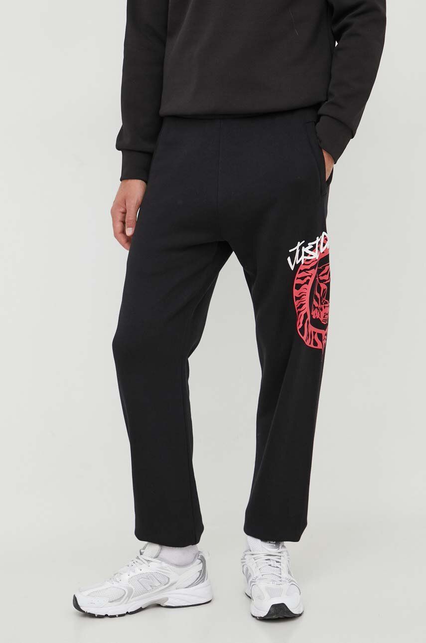 Just Cavalli pantaloni de trening din bumbac culoarea negru, cu imprimeu