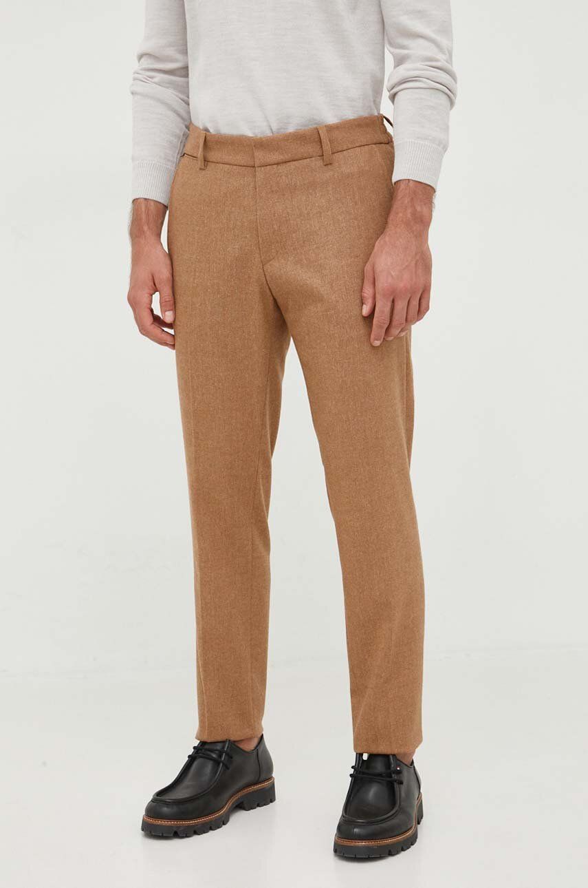 Kalhoty s příměsí vlny BOSS béžová barva, přiléhavé - béžová - Hlavní materiál: 39 % Vlna