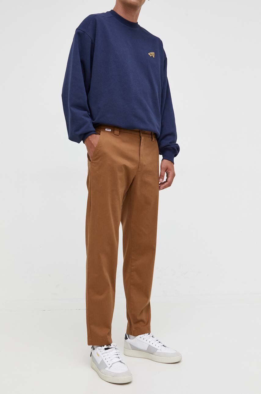 Kalhoty Tommy Jeans pánské, hnědá barva, ve střihu chinos - hnědá - 96 % Bavlna