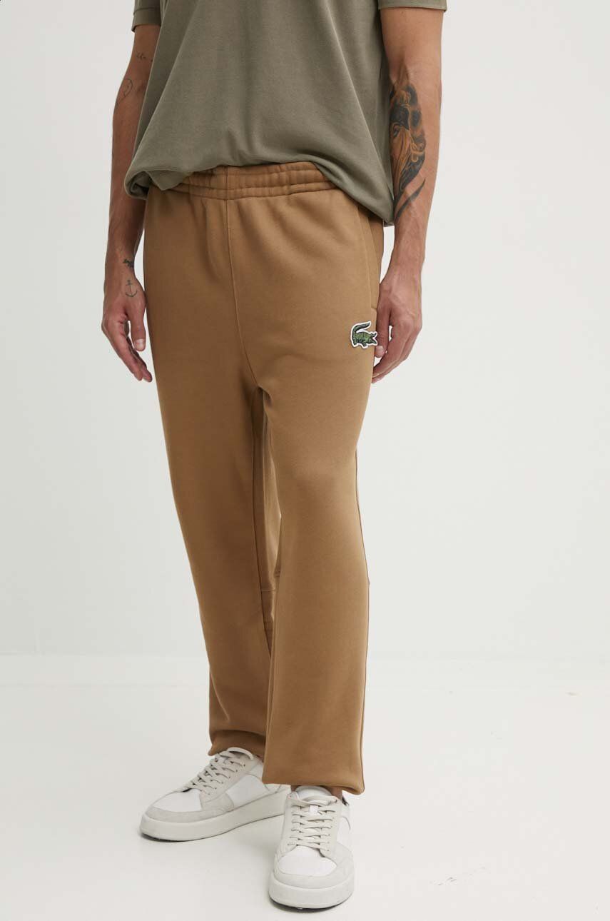 Lacoste pantaloni de trening din bumbac culoarea maro, neted