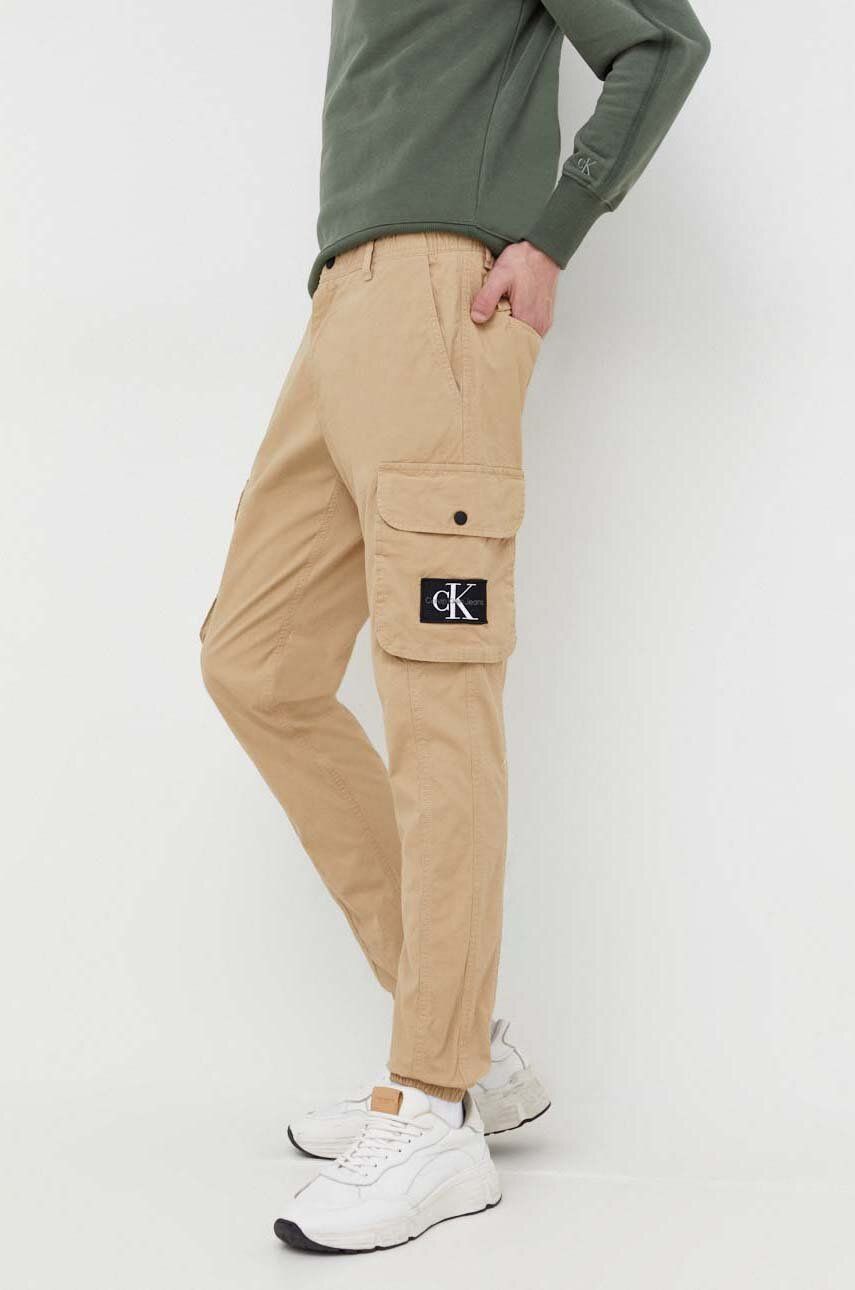 Kalhoty Calvin Klein Jeans pánské, béžová barva, ve střihu cargo - béžová - 98 % Bavlna