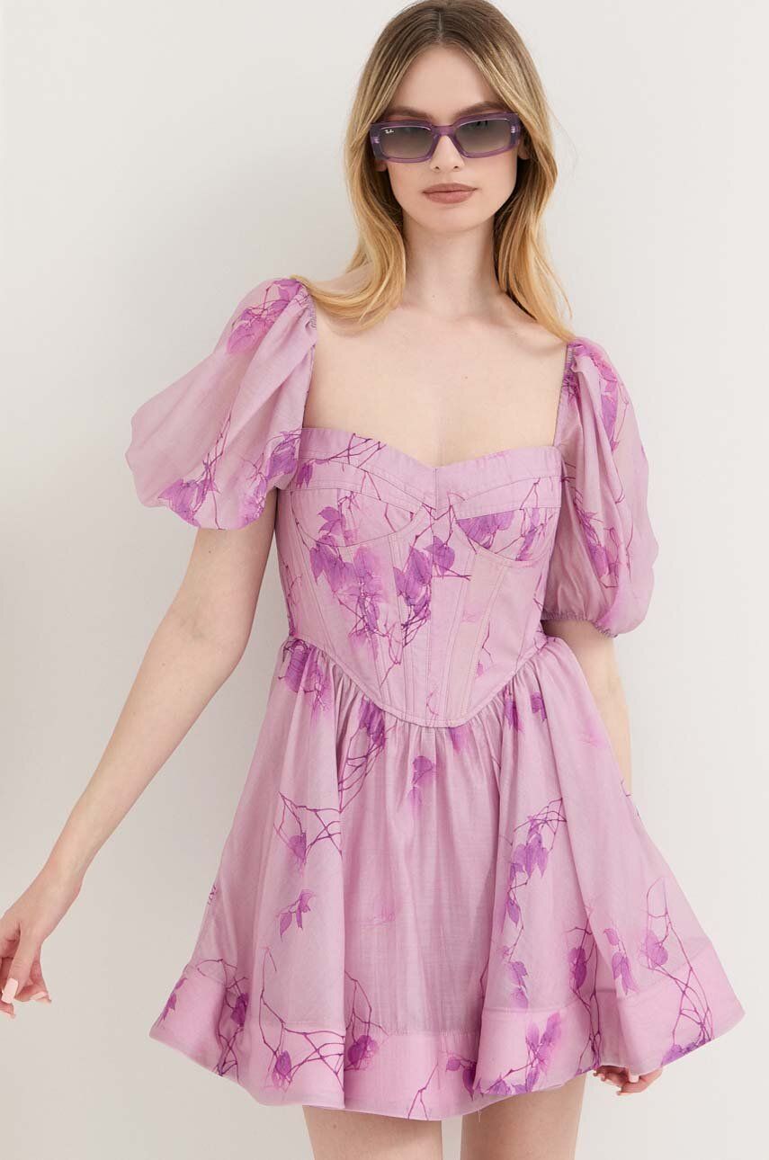 Bardot rochie culoarea violet, mini, evazati
