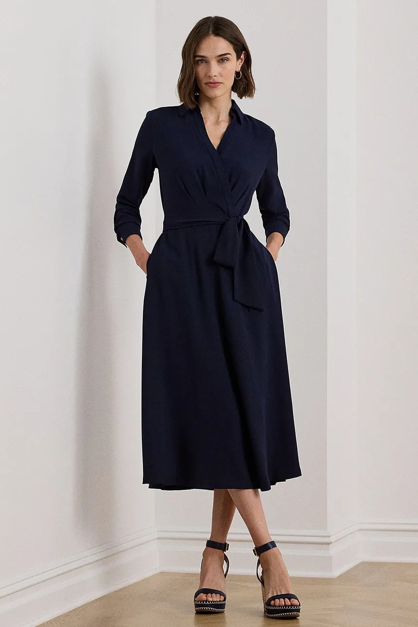 Lauren Ralph Lauren sukienka kolor granatowy midi rozkloszowana