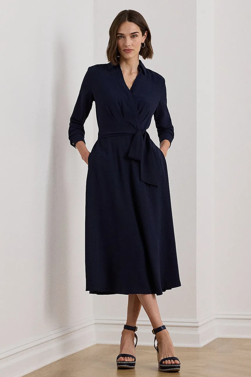 Lauren Ralph Lauren sukienka kolor granatowy midi rozkloszowana