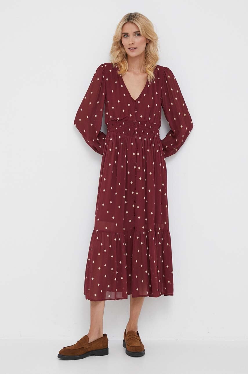 Pepe Jeans rochie culoarea bordo, midi, evazati