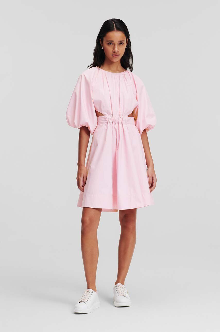 Karl Lagerfeld rochie din bumbac culoarea roz, midi, evazati