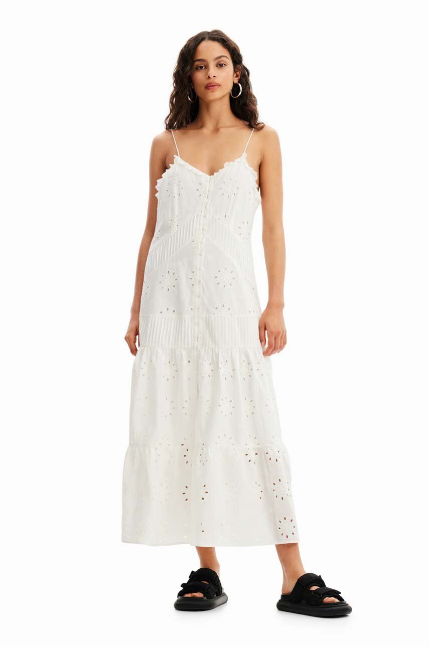 Desigual rochie din bumbac culoarea alb, midi, drept