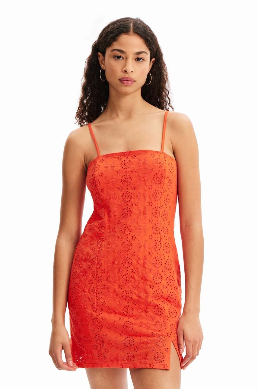 Desigual Rochie Din Bumbac Culoarea Portocaliu, Mini, Mulata