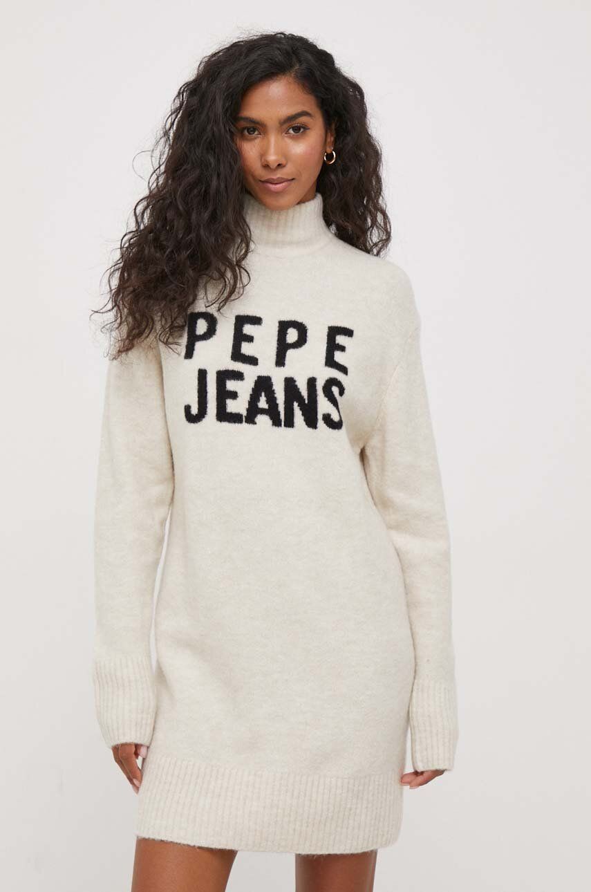 Pepe Jeans rochie din amestec de lana culoarea bej, mini, drept