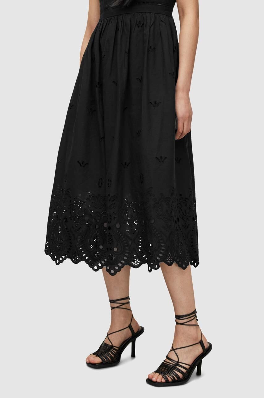 Бавовняна сукня AllSaints колір чорний midi розкльошена