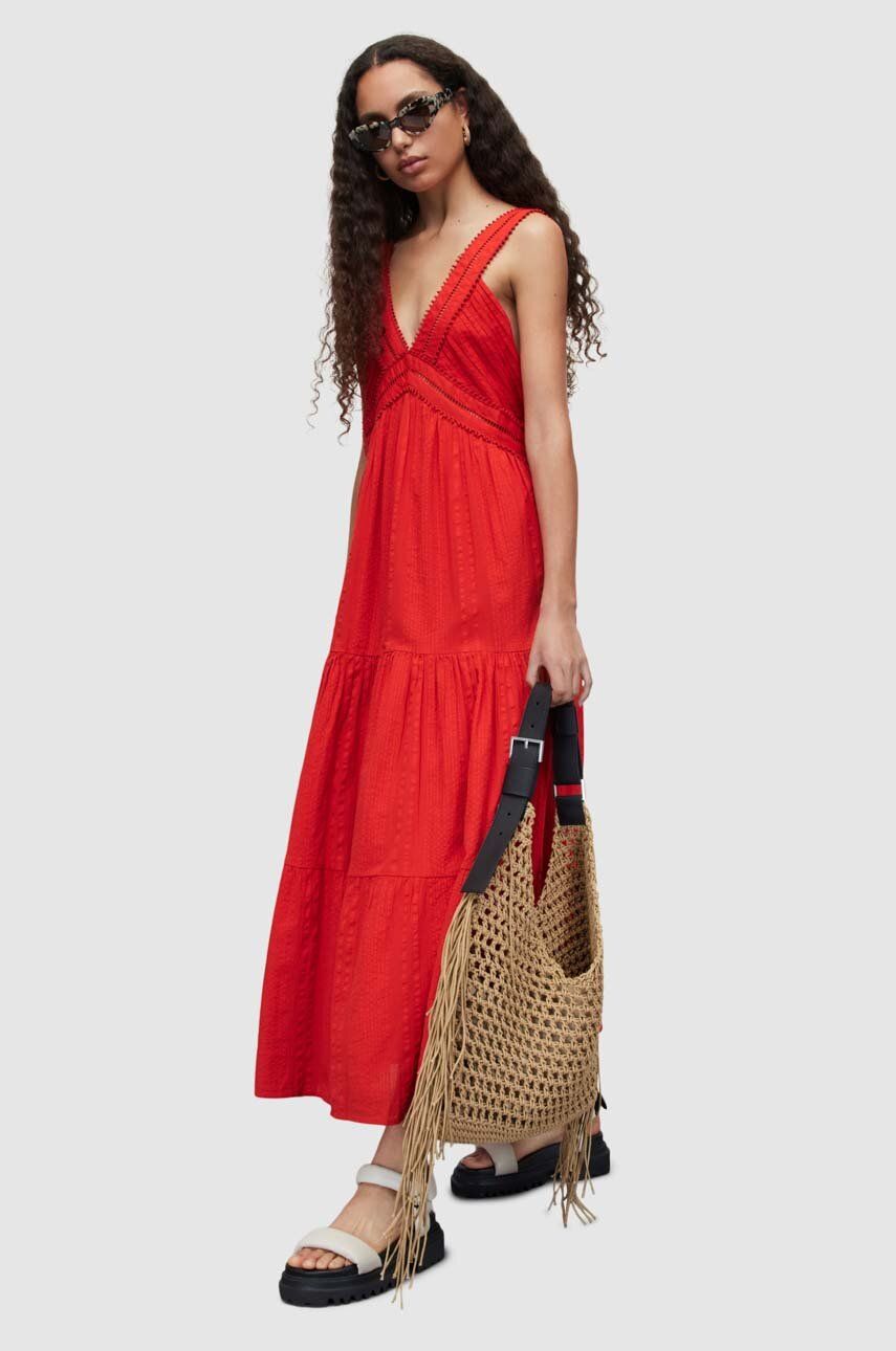 Levně Bavlněné šaty AllSaints červená barva, maxi