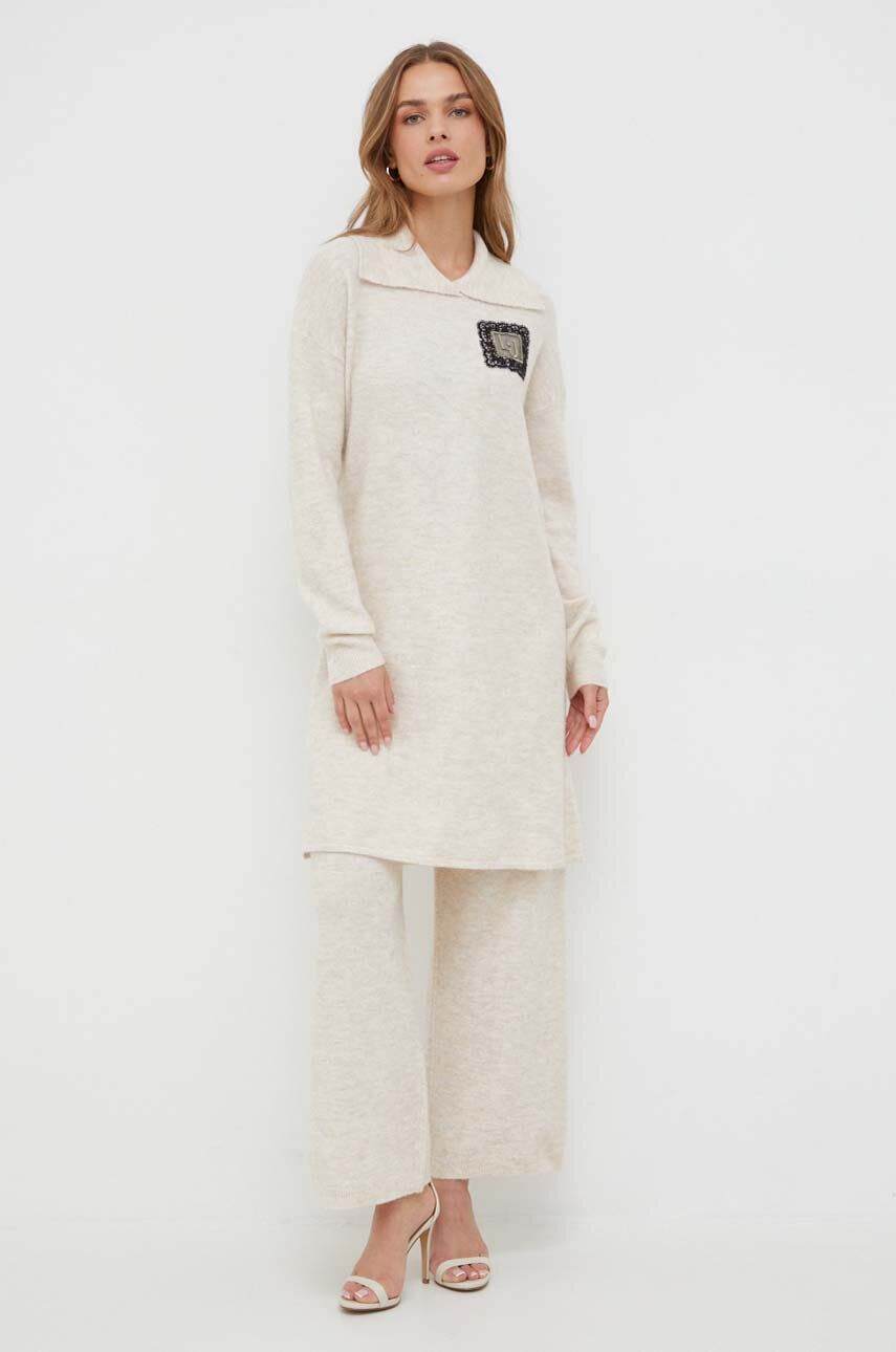 Šaty z vlněné směsi Liu Jo béžová barva, mini, oversize - béžová - 40 % Akryl